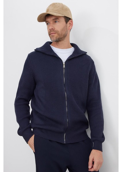 Erkek Slim Fit Dik Yaka Fermuarlı lacivert Düz Hırka fiyatları