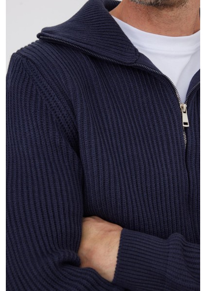 Erkek Slim Fit Dik Yaka Fermuarlı lacivert Düz Hırka modelleri