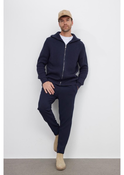 Erkek Slim Fit Dik Yaka Fermuarlı lacivert Düz Hırka fırsatları