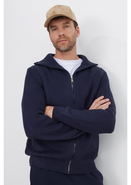 Erkek Slim Fit Dik Yaka Fermuarlı lacivert Düz Hırka indirimleri