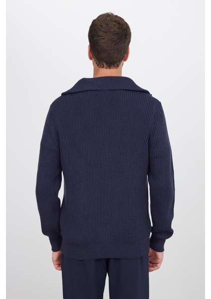 Erkek Slim Fit Dik Yaka Fermuarlı lacivert Düz Hırka