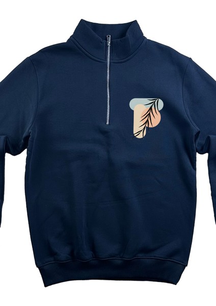 Bej Fermuarlı 3 Iplik Baskılı Sweatshirt