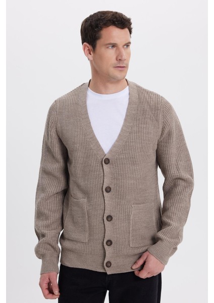 Erkek Standart Fit Normal Kesim V Yaka Düğmeli Kahverengi Hırka