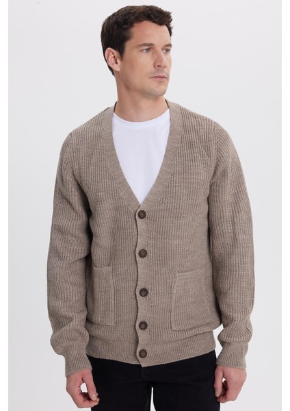 Erkek Standart Fit Normal Kesim V Yaka Düğmeli Kahverengi Hırka indirimleri