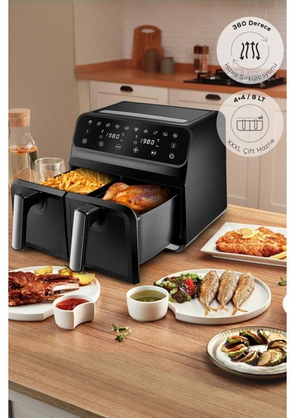 Çift Hazneli Dijital Airfryer, 4+4 Litre, Sağlıklı ve Pratik Pişirme
