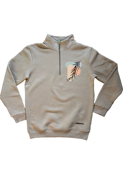 Bej Fermuarlı 3 Iplik Baskılı Sweatshirt