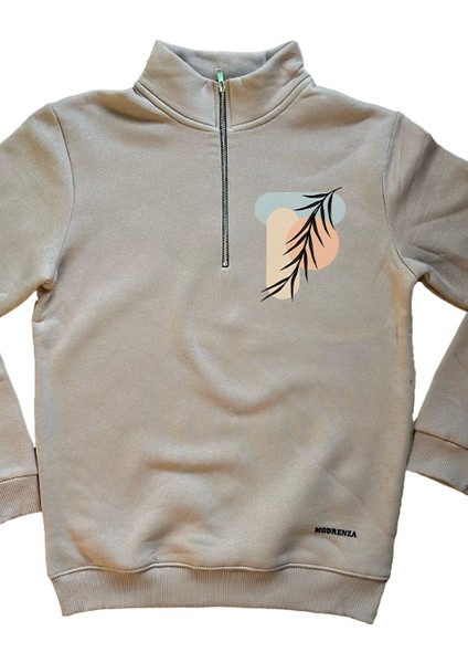 Bej Fermuarlı 3 Iplik Baskılı Sweatshirt fiyatları