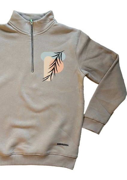 Bej Fermuarlı 3 Iplik Baskılı Sweatshirt modelleri