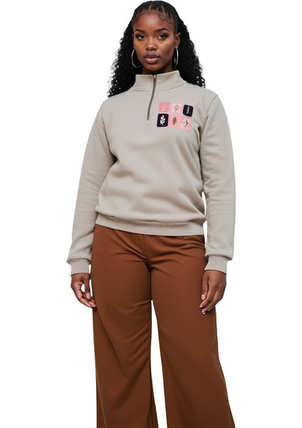 Bej Fermuarlı 3 Iplik Baskılı Sweatshirt