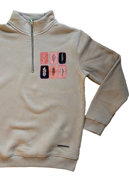 Bej Fermuarlı 3 Iplik Baskılı Sweatshirt modelleri