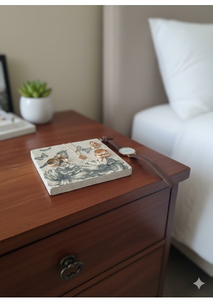 El Yapımı 2’li 15X15 Eskitme Traverten Dekor Seti – Kuş & Kelebek Desenli Doğaltaş modelleri