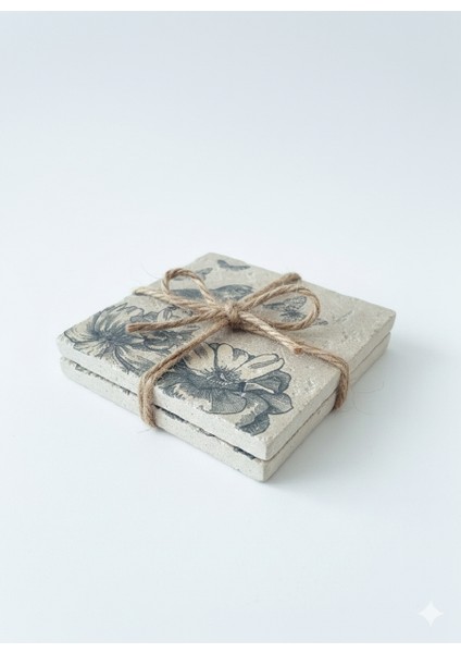 El Yapımı 2’li 15X15 Eskitme Traverten Dekor Seti – Kuş & Kelebek Desenli Doğaltaş