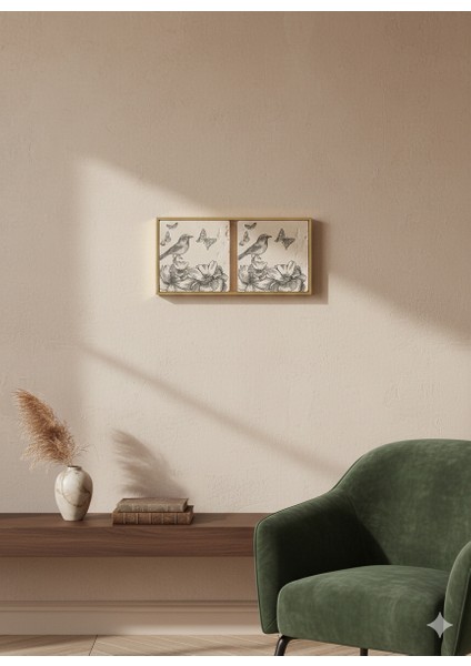 El Yapımı 2’li 15X15 Eskitme Traverten Dekor Seti – Kuş & Kelebek Desenli Doğaltaş