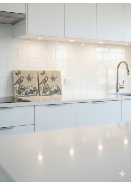 El Yapımı 2’li 15X15 Eskitme Traverten Dekor Seti – Kuş & Kelebek Desenli Doğaltaş