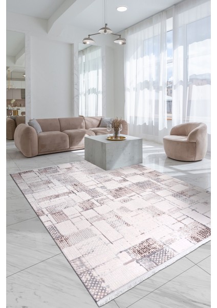 Elyfa Luxe Krem Akrilik Halı – Salon ve Oturma Odası, Robot Süpürge Uyumlu, 4m En-Özel Ölçü modelleri