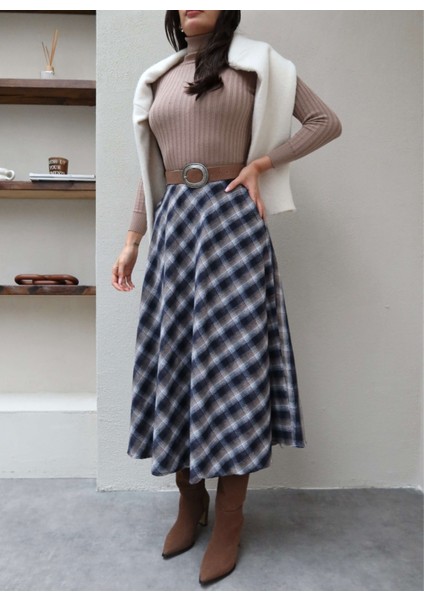 Ekose Cepli Kloş Uzun Etek