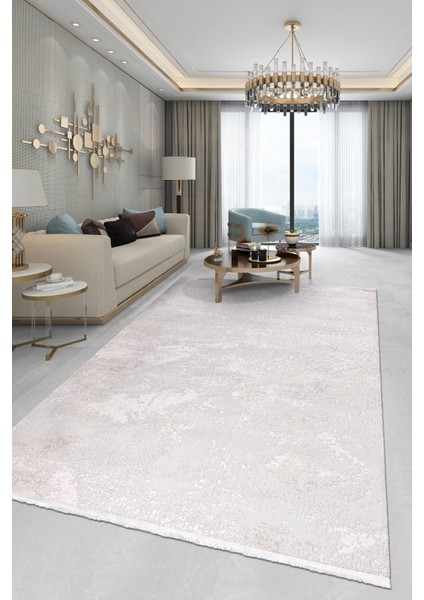 Elyfa Luxe Ekru Akrilik Halı – Salon ve Oturma Odası, Robot Süpürge Uyumlu, 4m En-Özel Ölçü