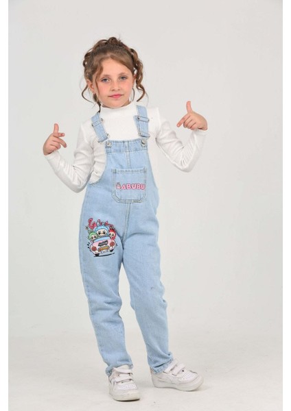 Kız Çocuk Slopet Çocuk Kot Tulum Labubu Desenli Pembe