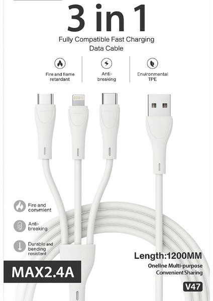 3in1 Çoklu Hızlı Şarj ve Data Kablosu – Type-C Lightning Mikro USB 2.4A Dayanıklı Tpe 1.2 Metre Kablo