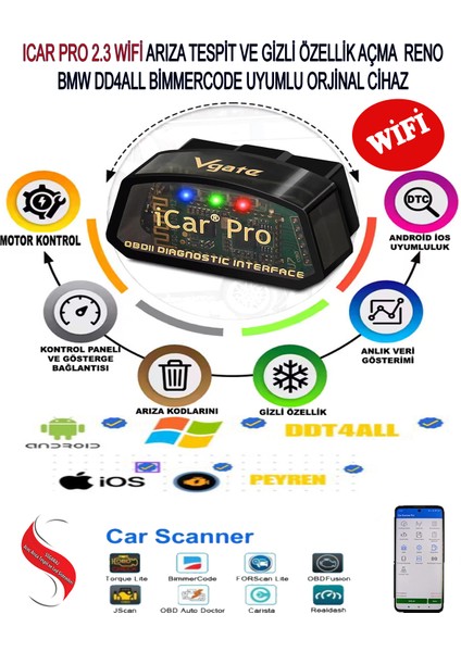 Icar Pro 2.3V Wifi Bandrollü Arıza Tespit Gizli Özellik Açma Cihazı DDT4ALL-BIMMERCODE-FORSCAN-CARISTA