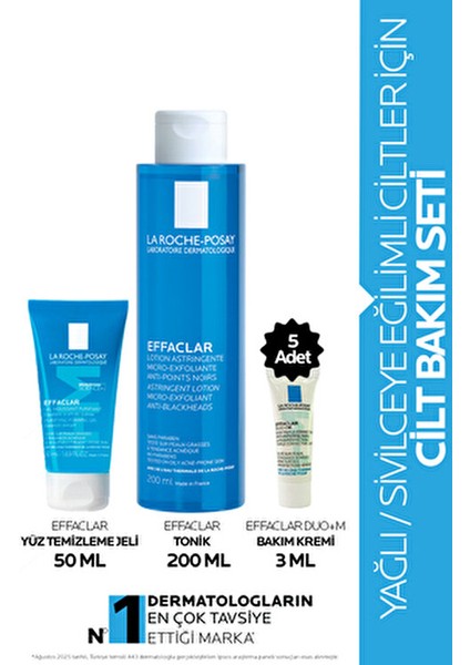 Yüz Bakım Seti: Effaclar Yüz Temizleme Jeli 50 ml, Tonik 200 ml ve Effaclar Duo+M Yağlı Ciltler İçin modelleri