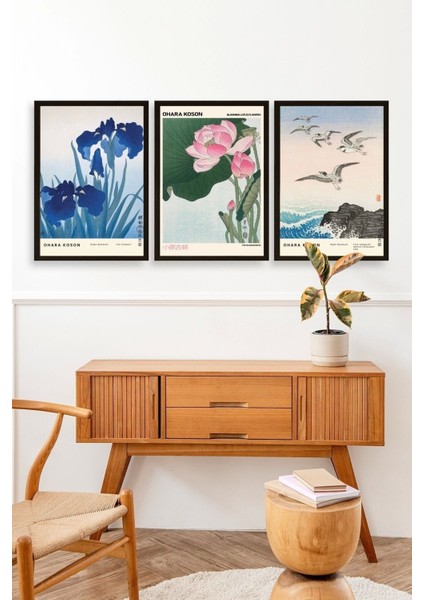 Vazodaki Çiçekler Üçlü Ahşap Çerçeveli Tablo modelleri