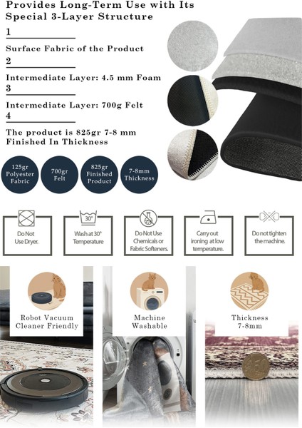 Halı Dekoratif Özel Tasarım Modern İnce Yıkanabilir 800 Gr /M2 Kaymaz Taban Trend Halı