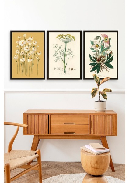 Çiçek Üçlü Ahşap Çerçeveli Tablo modelleri