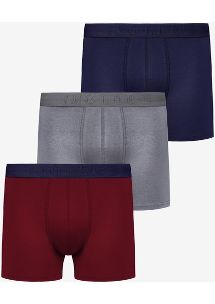 Erkek 3'lü Pamuklu Boxer Bordo Gri Lacivert