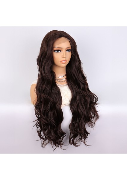 Kahverengi Uzun Dalgalı Fiber Sentetik Tül Peruk modelleri
