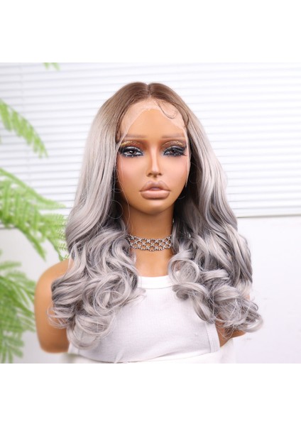 Açık Kumral Gri Ombreli Bebek Saçlı Geniş Dalgalı Fiber Sentetik Tül Peruk modelleri