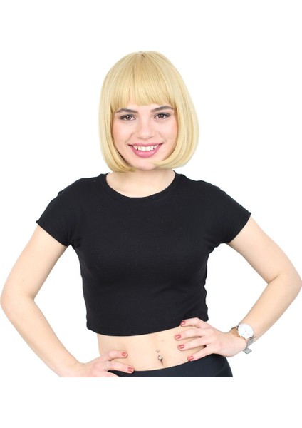 Kısa Küt Perçemli Fiber Sentetik Peruk / Sarı