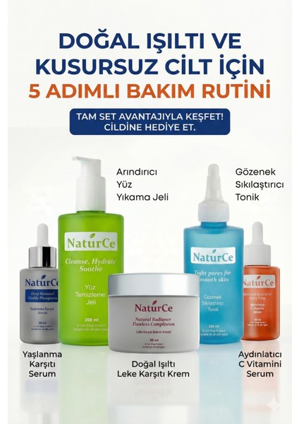 Cilt Bakim Seti 5 Li Günlük Rutin Tonik - C ve Anti Aging Serum - Yüz Yikama Jeli - Leke Kremi
