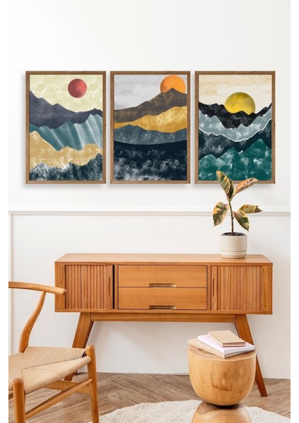 Manzara Üçlü Ahşap Çerçeveli Tablo modelleri