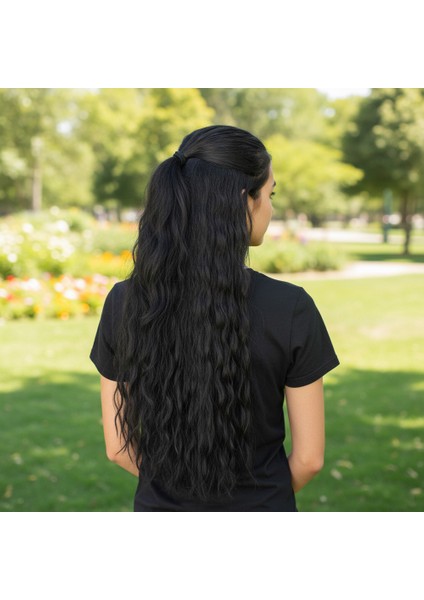 Fiber Sentetik Kabarık Dalgalı Yarım Ay + 2 Yan Çıt Çıt / Siyah