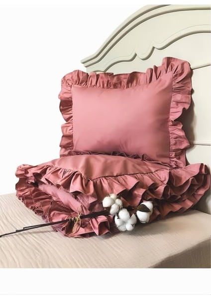 Gül Kurusu Fırfırlı Çift Kişilik Nevresim Takımı