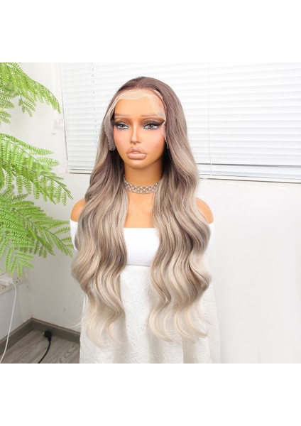 Rus Kumralı Beyaz Platin Ombre ve Röfleli Fiber Sentetik Geniş Dalgalı Tül Peruk fırsatları