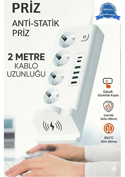 Akım Korumalı Priz ve Masaüstü Şarj Istasyonu Kablosuz 4 Priz ,4 Usb, 2 Type-C Girişli 2 Metr