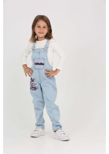 Kız Çocuk Slopet Çocuk Kot Tulum Labubu Desenli Açık Mavi