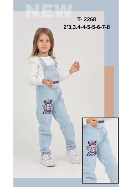 Kız Çocuk Slopet Çocuk Kot Tulum Labubu Desenli Açık Mavi modelleri