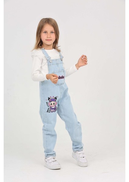 Kız Çocuk Slopet Çocuk Kot Tulum Labubu Desenli Açık Mavi