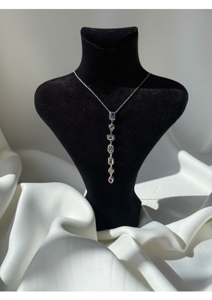 Pirinç Renkli Zirkon Taşlı Model Gümüş Renk 7 Element Kadın Y Kolye