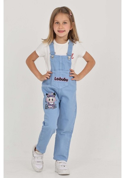 Kız Çocuk Slopet Çocuk Kot Tulum Labubu Mor Desenli