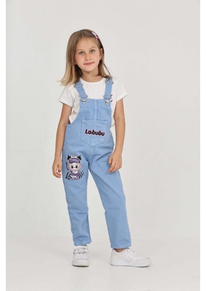 Kız Çocuk Slopet Çocuk Kot Tulum Labubu Mor Desenli