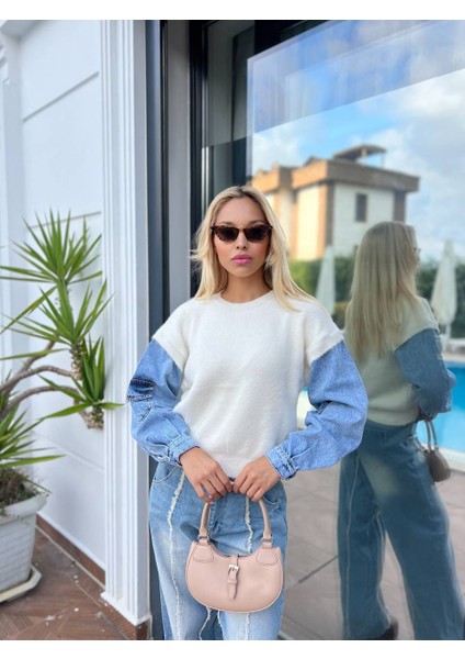 Kolları Denim Kot Yumoş Kazak fiyatları