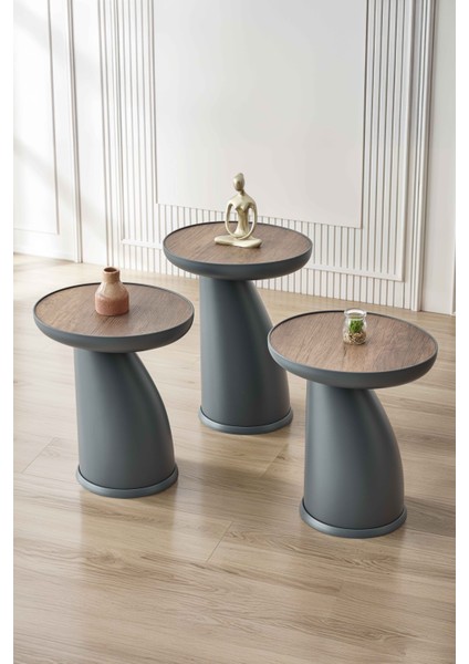 Elips 3'lü Sehpa, Yan Sehpa, Zigon Sehpa - Antrasit & Barok (Ceviz) Renk Tabla