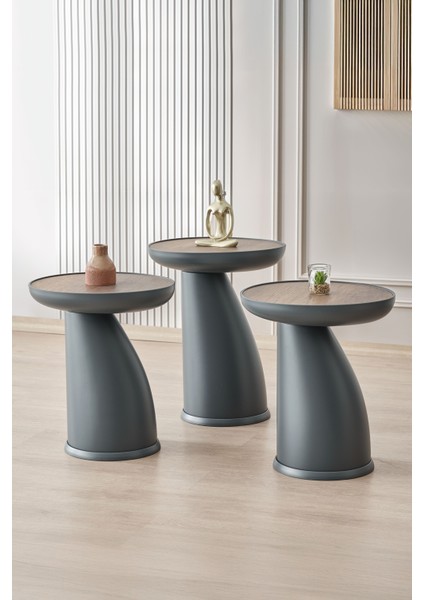 Elips 3'lü Sehpa, Yan Sehpa, Zigon Sehpa - Antrasit & Barok (Ceviz) Renk Tabla modelleri