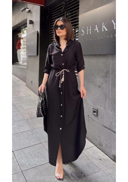 MÜSLİN KUMAŞ DÜĞMELİ ELBİSE