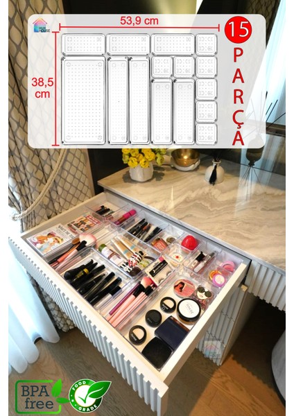 Şeffaf 15 Parça Çekmece Içi Düzenleyici, Makyaj ve Takı Organizer