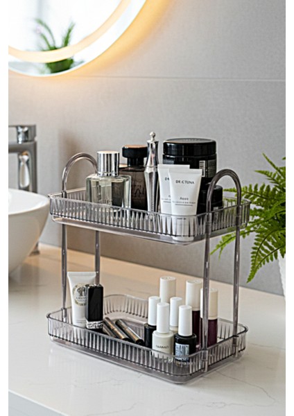 Çift Katlı Makyaj Organizeri, Kozmetik ve Aksesuar Düzenleyici Banyo Rafı